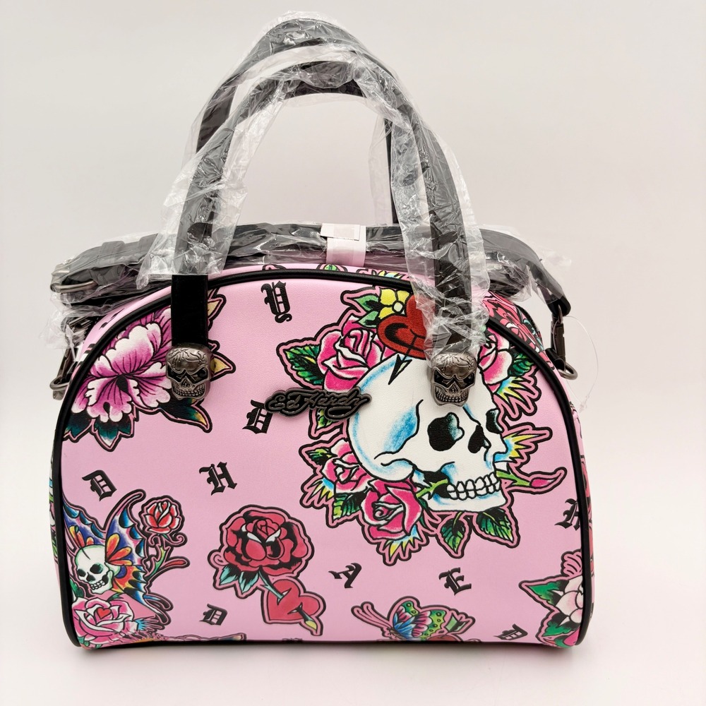 Ed Hardy‎ Pink Skull Roses Butterflies Lunch Tote Insulated Thermal Lining